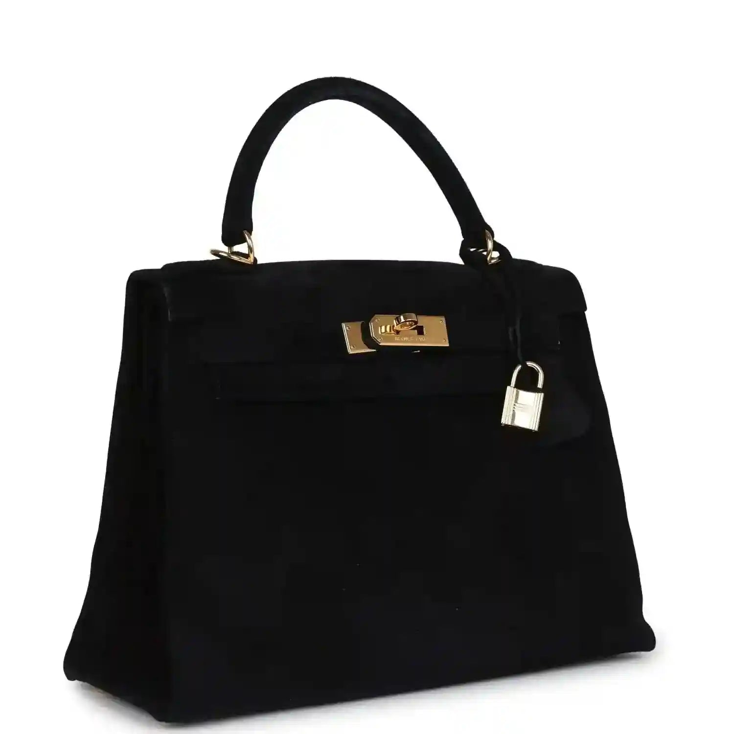 Black suede top-handle handbag with gold front plaque and padlock charm