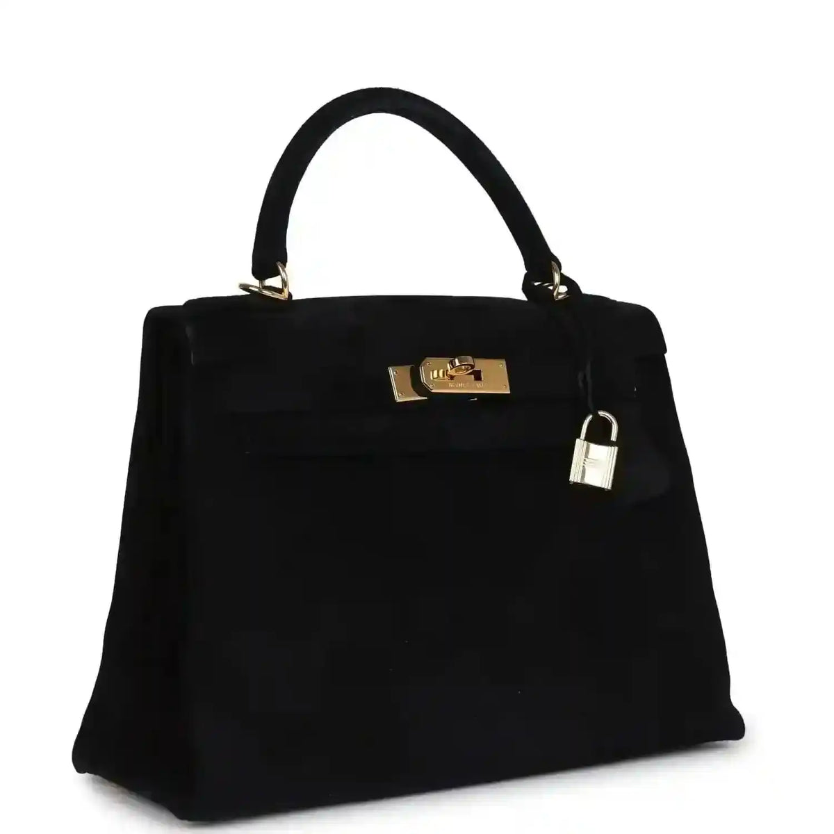 Black suede top-handle handbag with gold front plaque and padlock charm