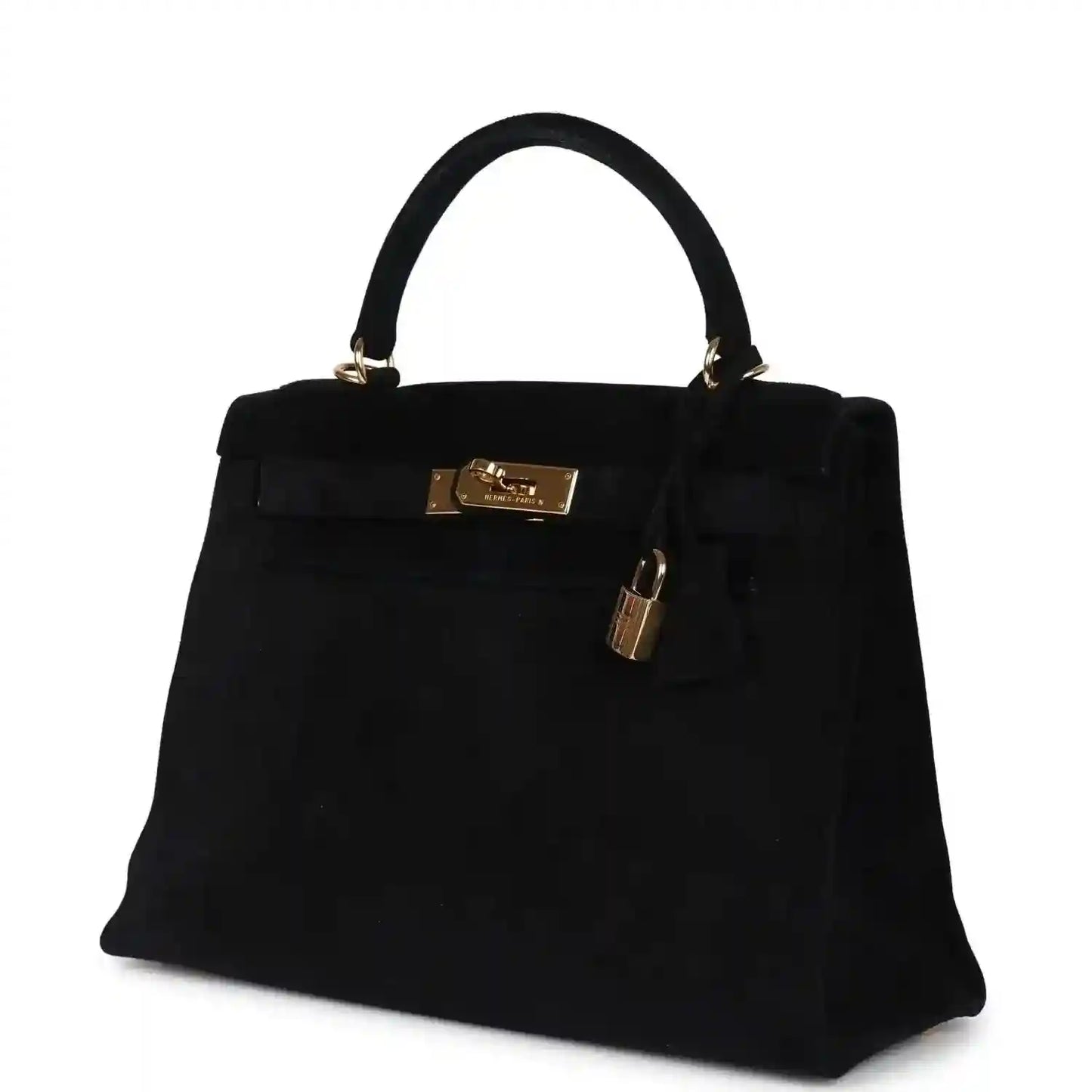 Black suede top-handle handbag with gold front plaque and padlock on side