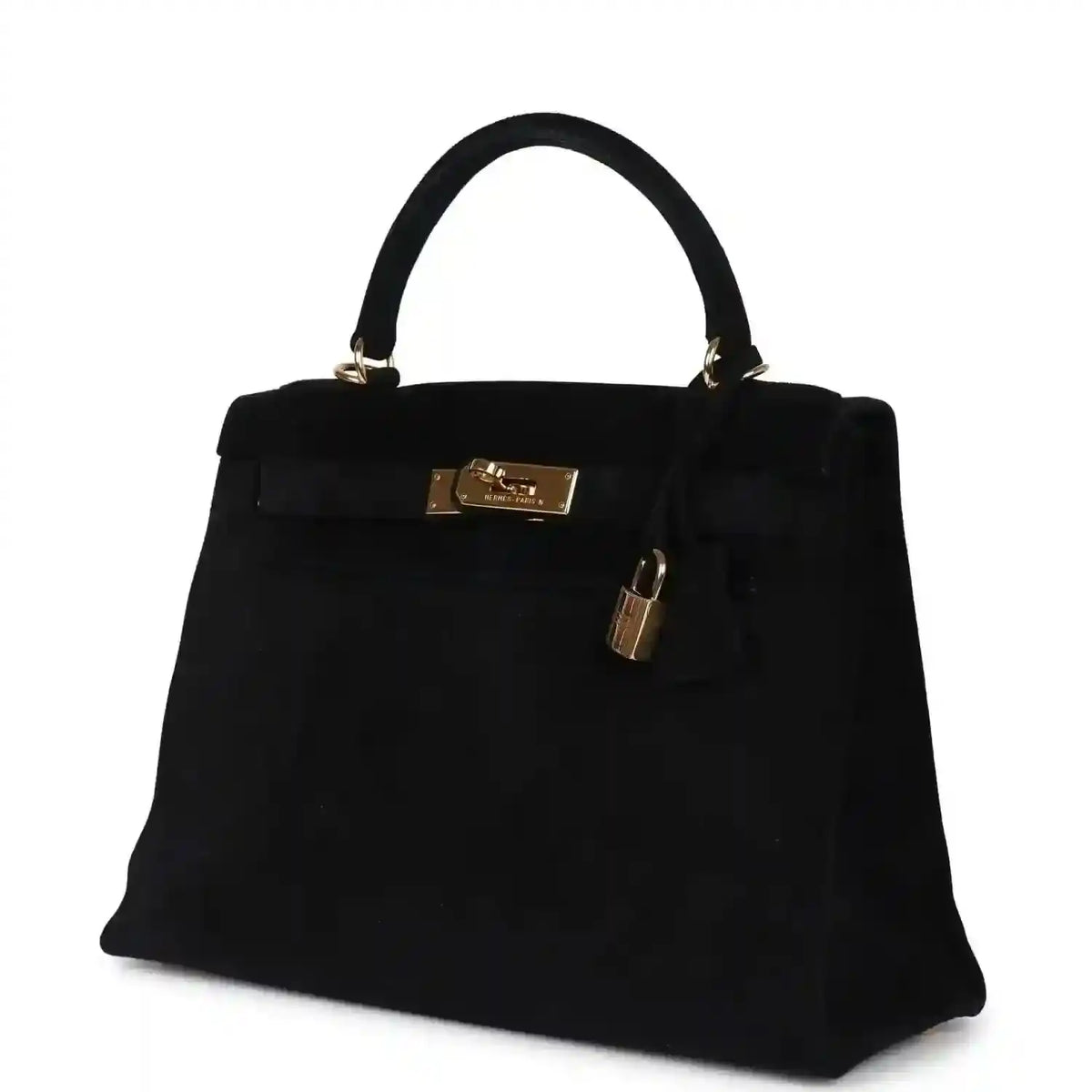 Black suede top-handle handbag with gold front plaque and padlock on side
