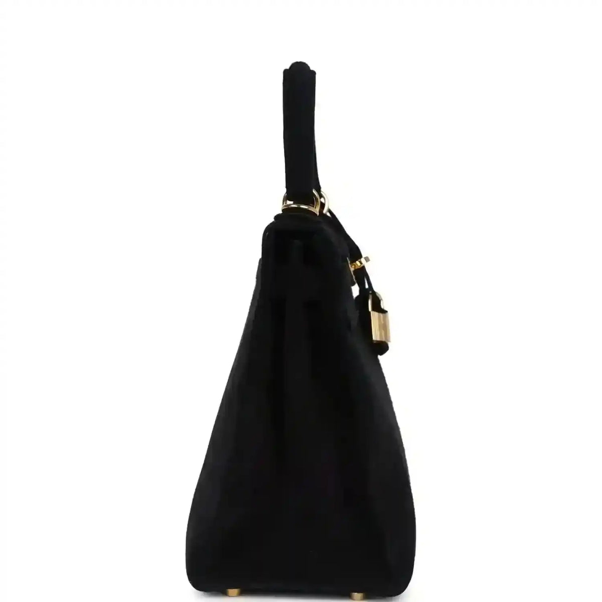 Black suede top-handle handbag standing silhouette with gold strap hardware