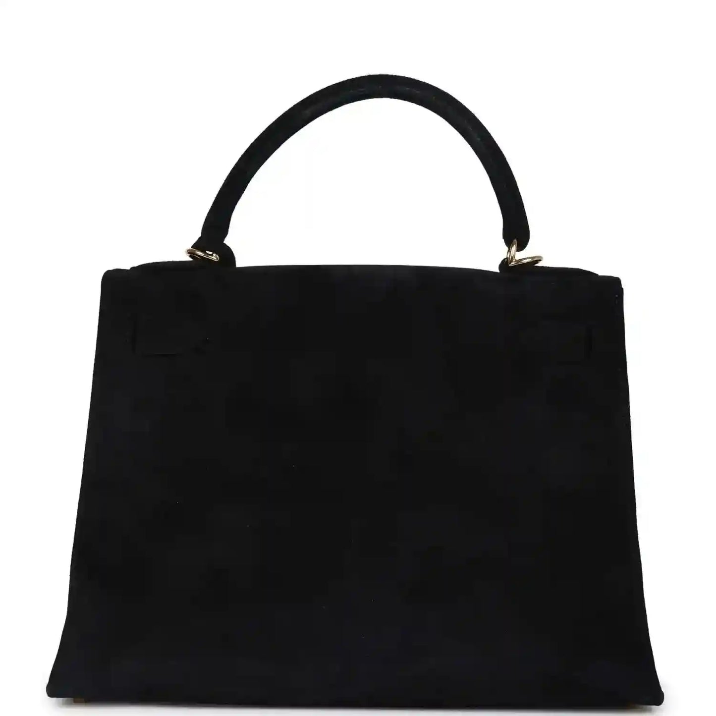Black suede top-handle handbag with structured front and gold handle hardware