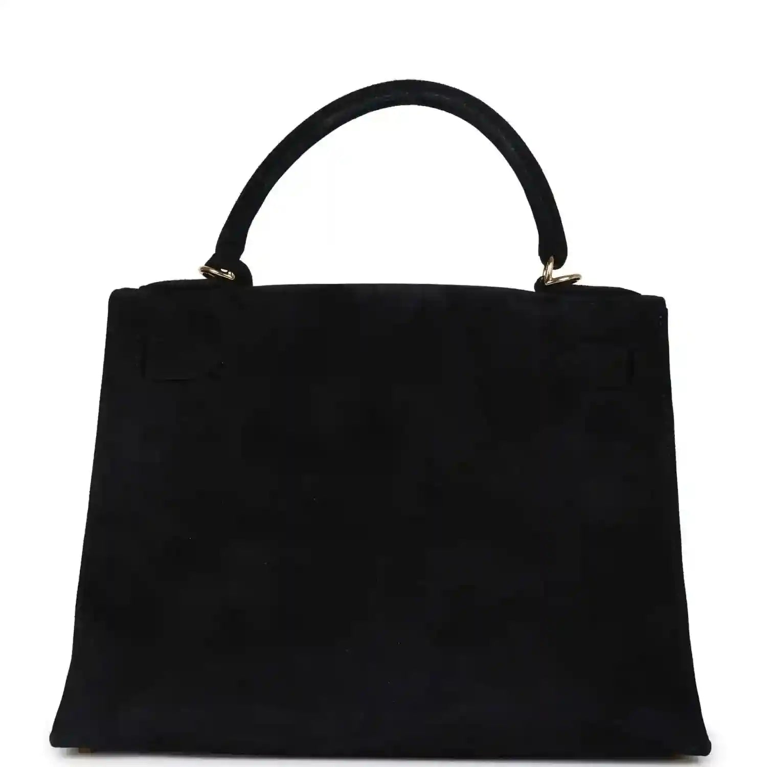 Black suede top-handle handbag with structured front and gold handle hardware