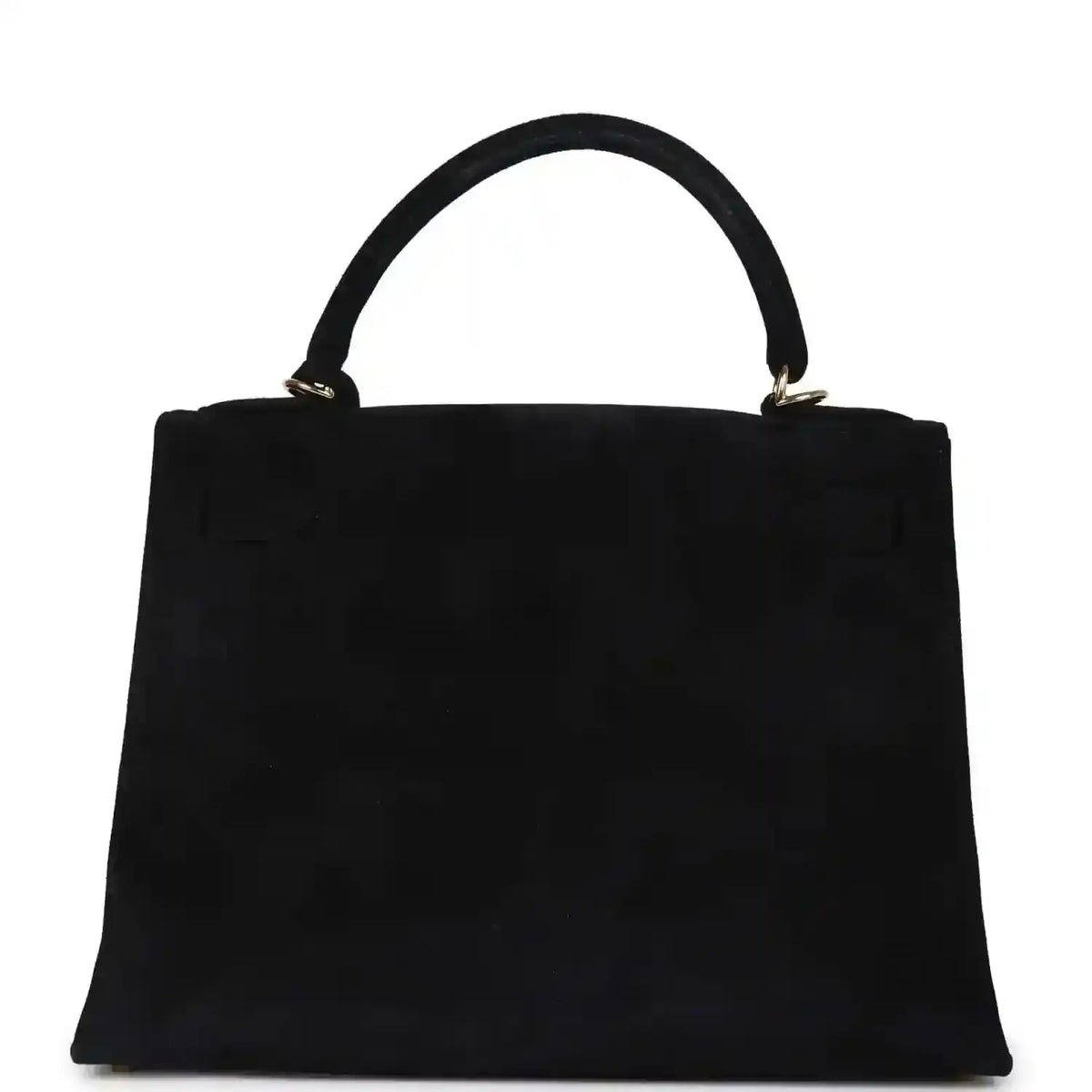 Black suede top-handle handbag with structured front and gold handle hardware