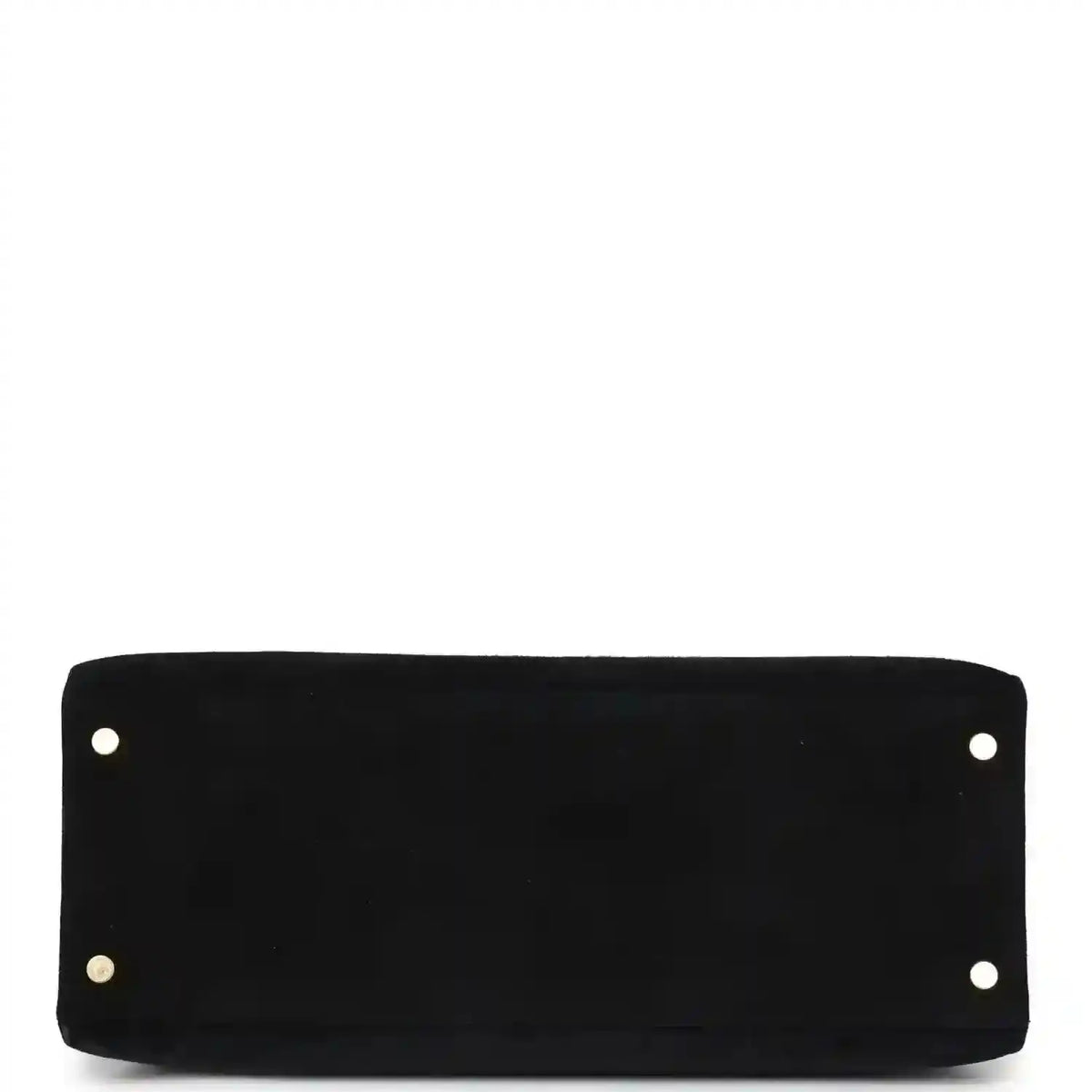 Black suede handbag with four corner studs and centered front panel