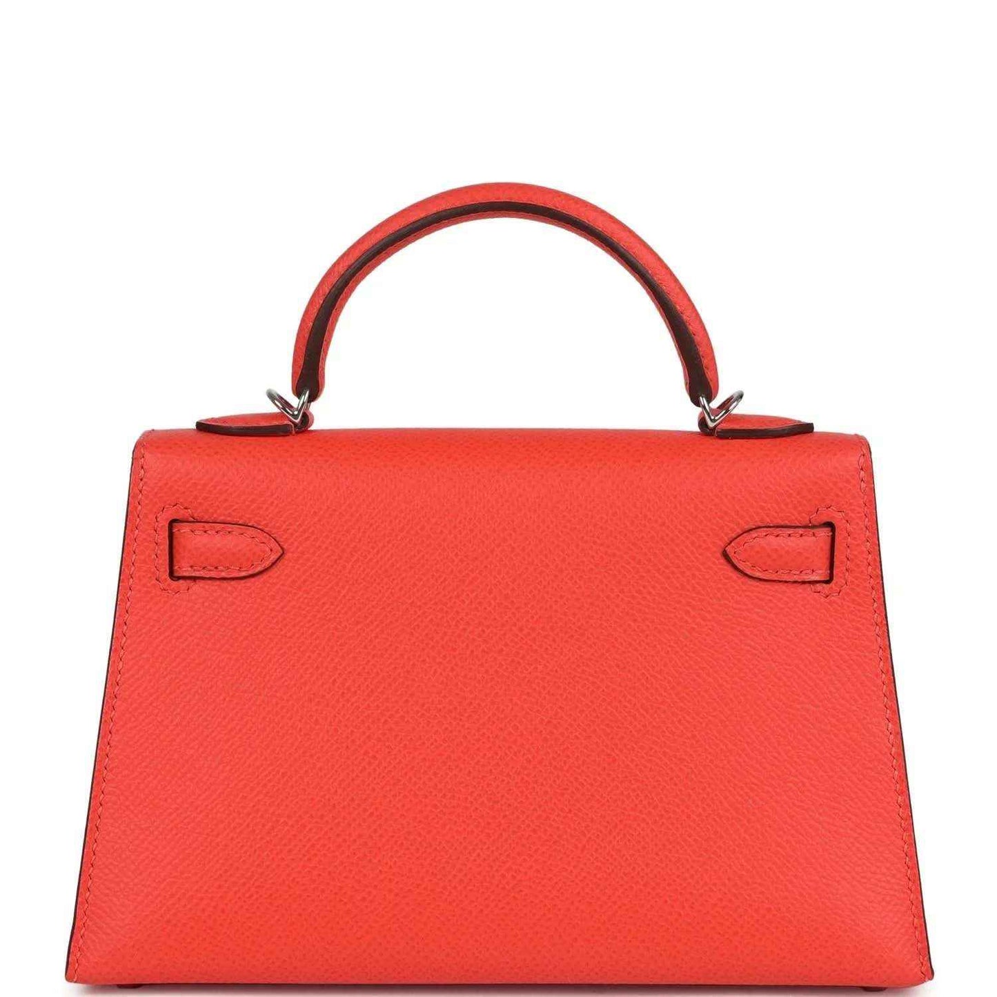 Hermes Kelly Sellier 20 orange-red bag front, showing flap clasp hardware and straps