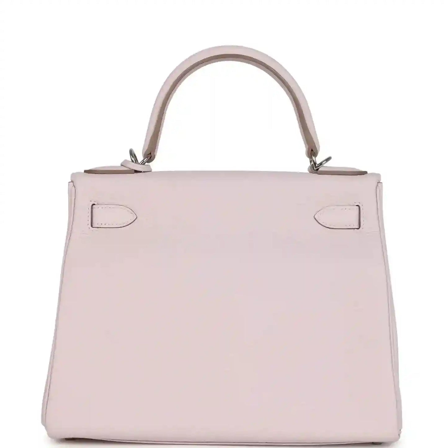Light mauve leather handbag front view with top handle and symmetrical side seams