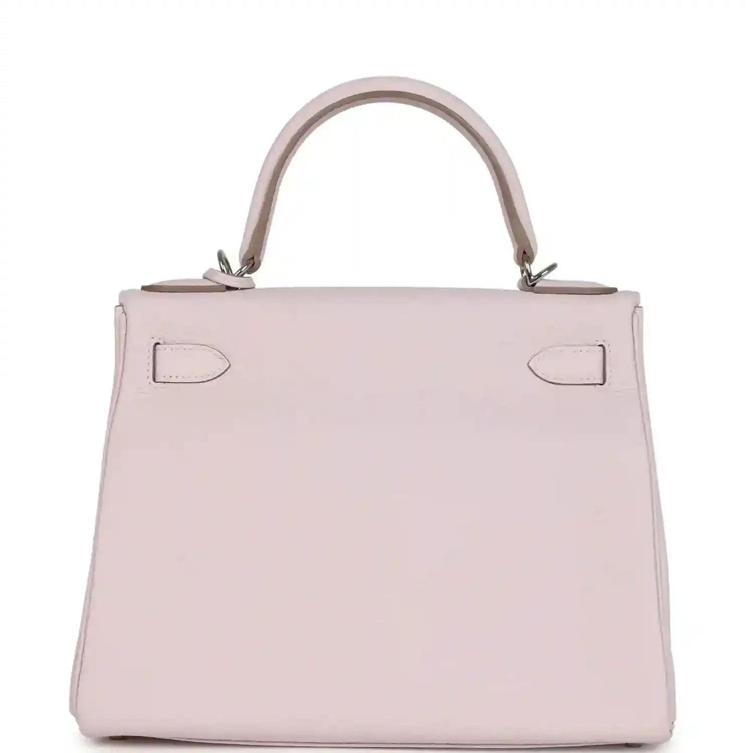 Light mauve leather handbag front view with top handle and symmetrical side seams