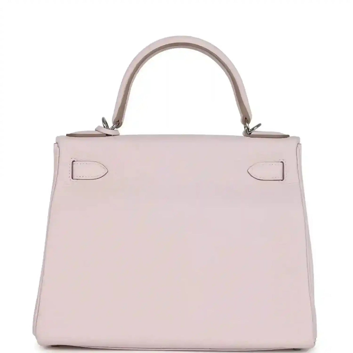 Light mauve leather handbag front view with top handle and symmetrical side seams