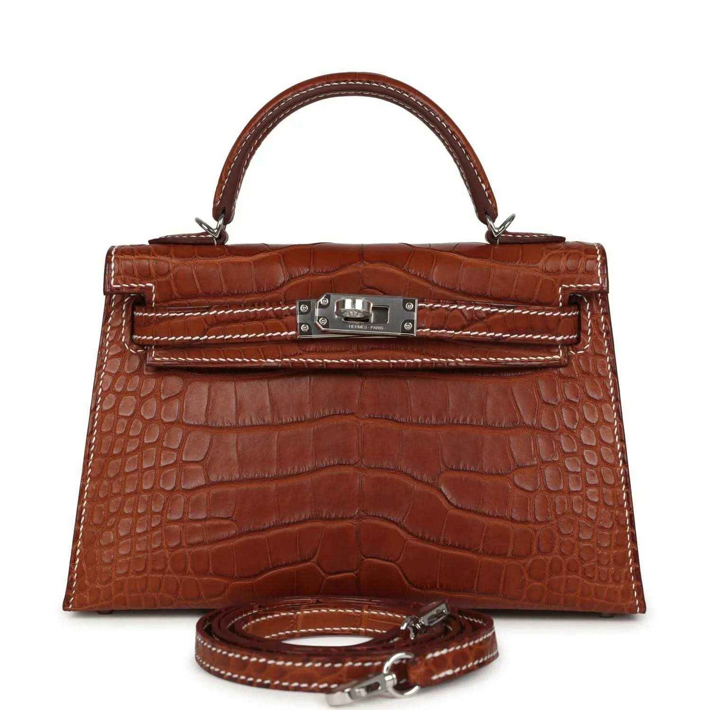 Hermes Kelly Sellier 20 bag in fauve croc leather with top handle and lock