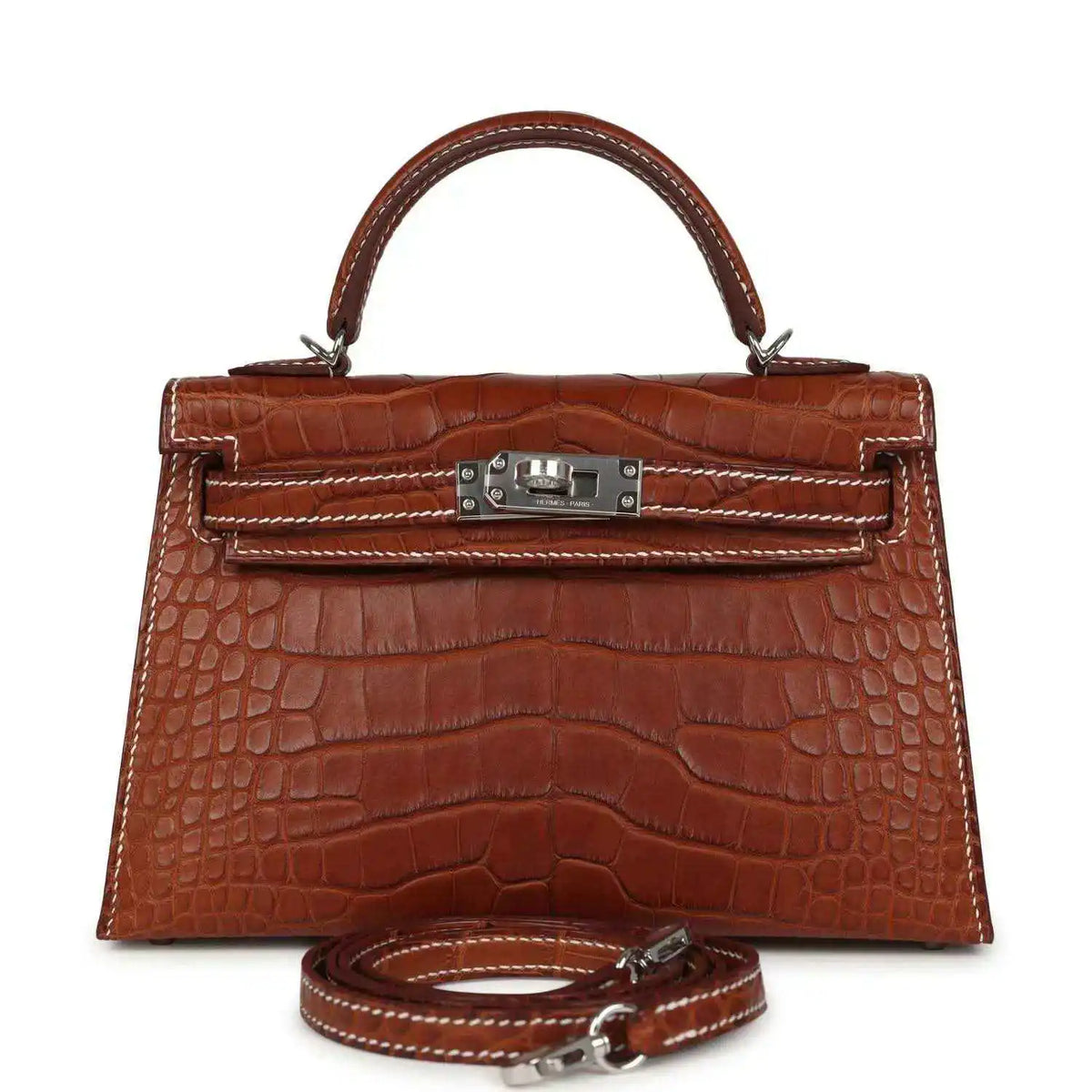 Hermes Kelly Sellier 20 bag in fauve croc leather with top handle and lock