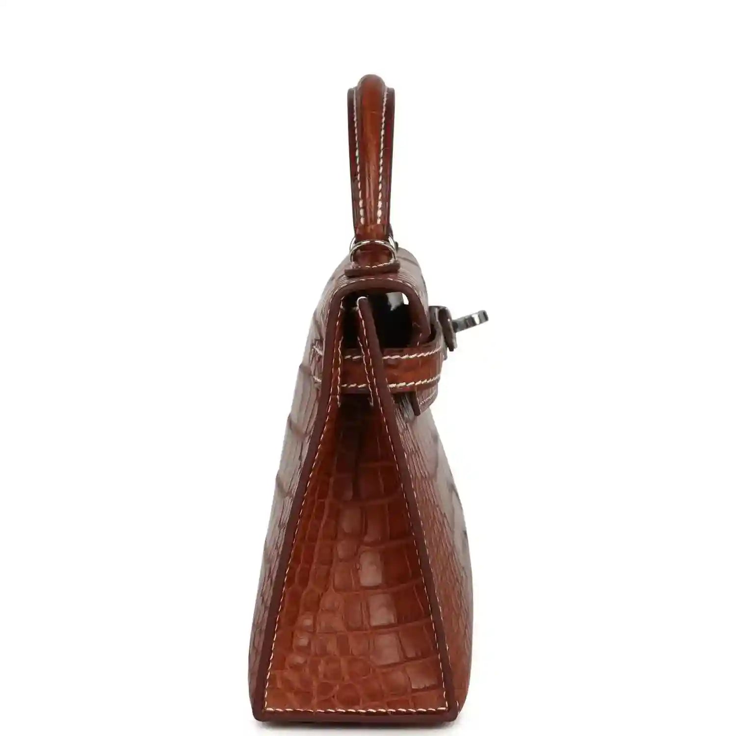 Fauve croc leather Kelly Sellier bag side view with handle and strap attachment