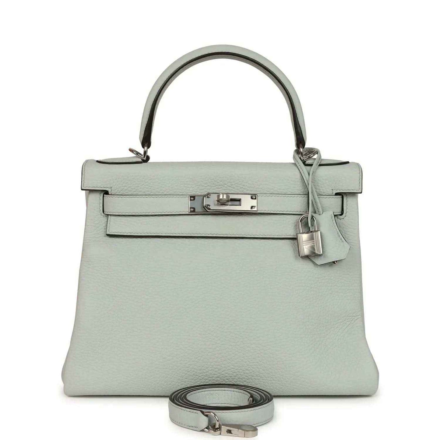Light blue leather Kelly-style bag with silver-tone clasp, top handle, and wrist strap.