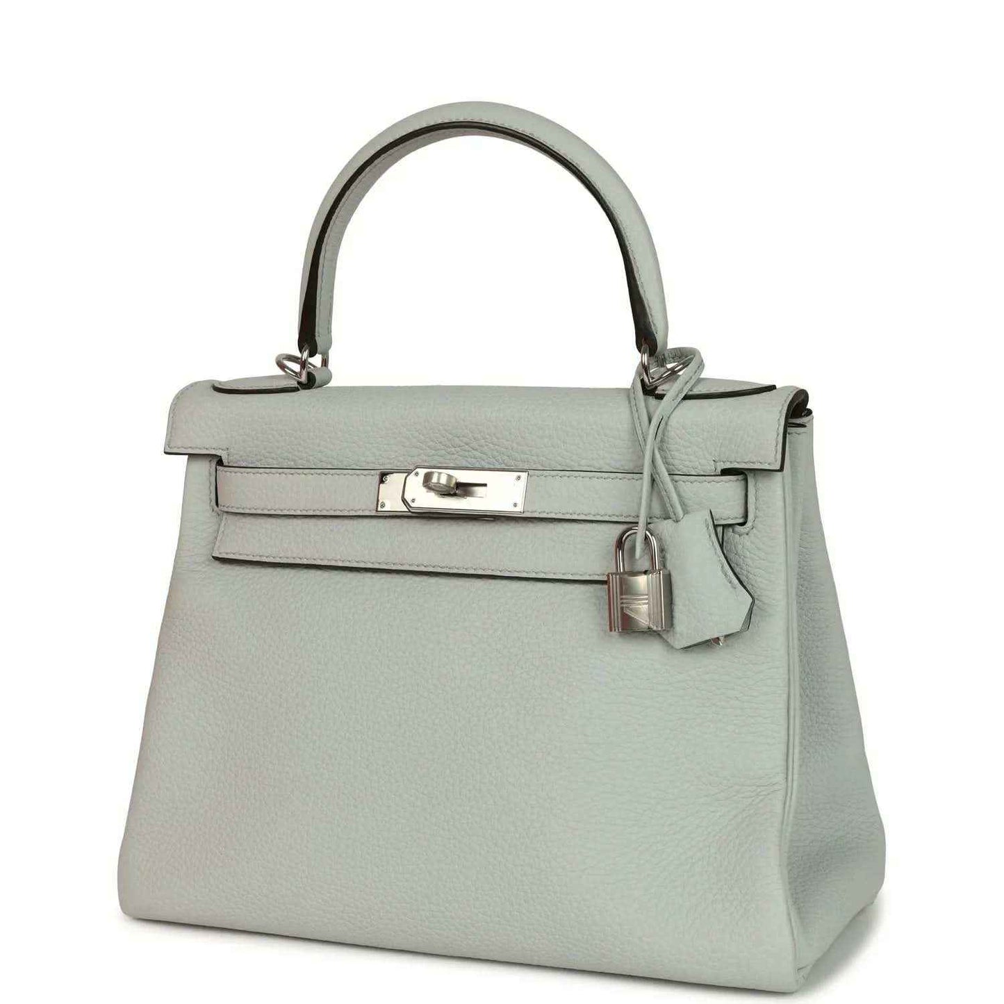 Light blue leather Kelly-style bag with silver-tone clasp hardware and knotted top strap.