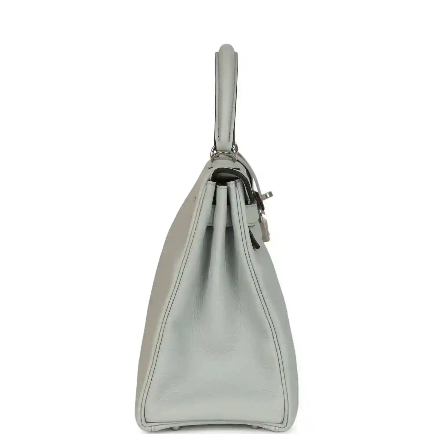 Light blue leather Kelly-style bag with side profile and top handle loop.