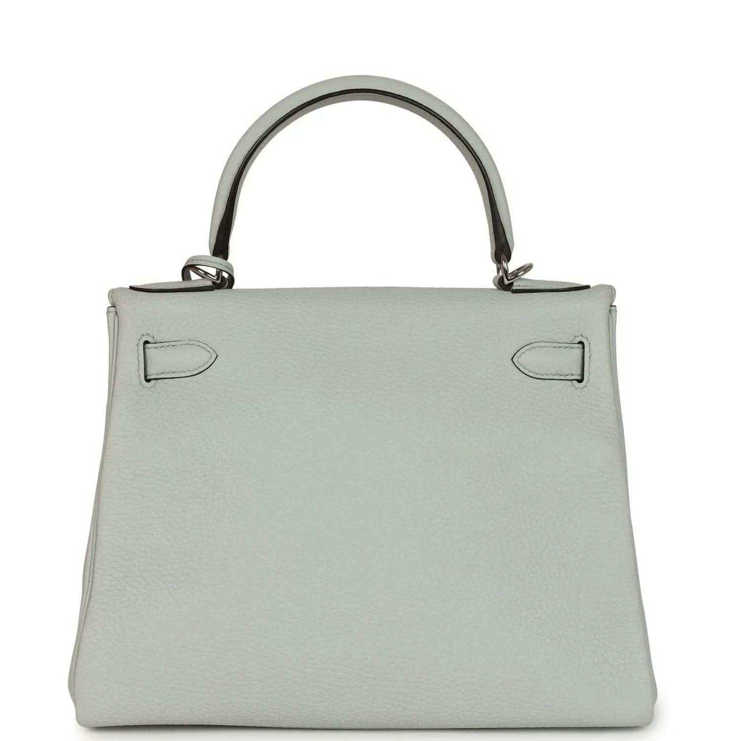 Light blue leather Kelly-style bag with structured top, front flap, and silver-tone edges.