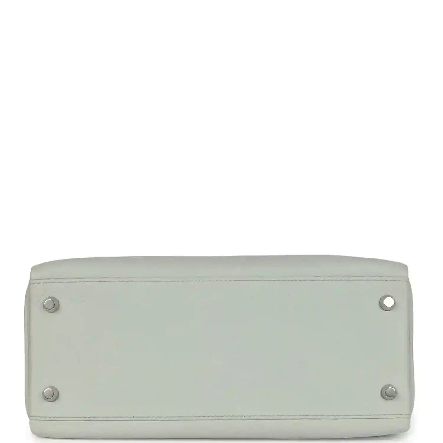 Light blue leather Kelly-style bag base with four metal feet and rounded corners.