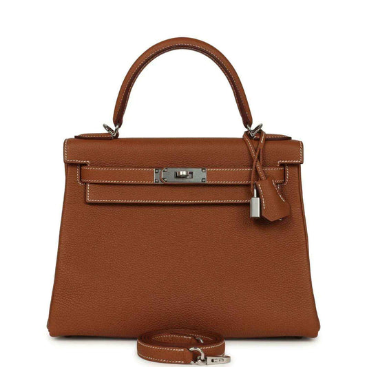 Hermes Kelly Retourne brown leather handbag with top handle and front flap lock