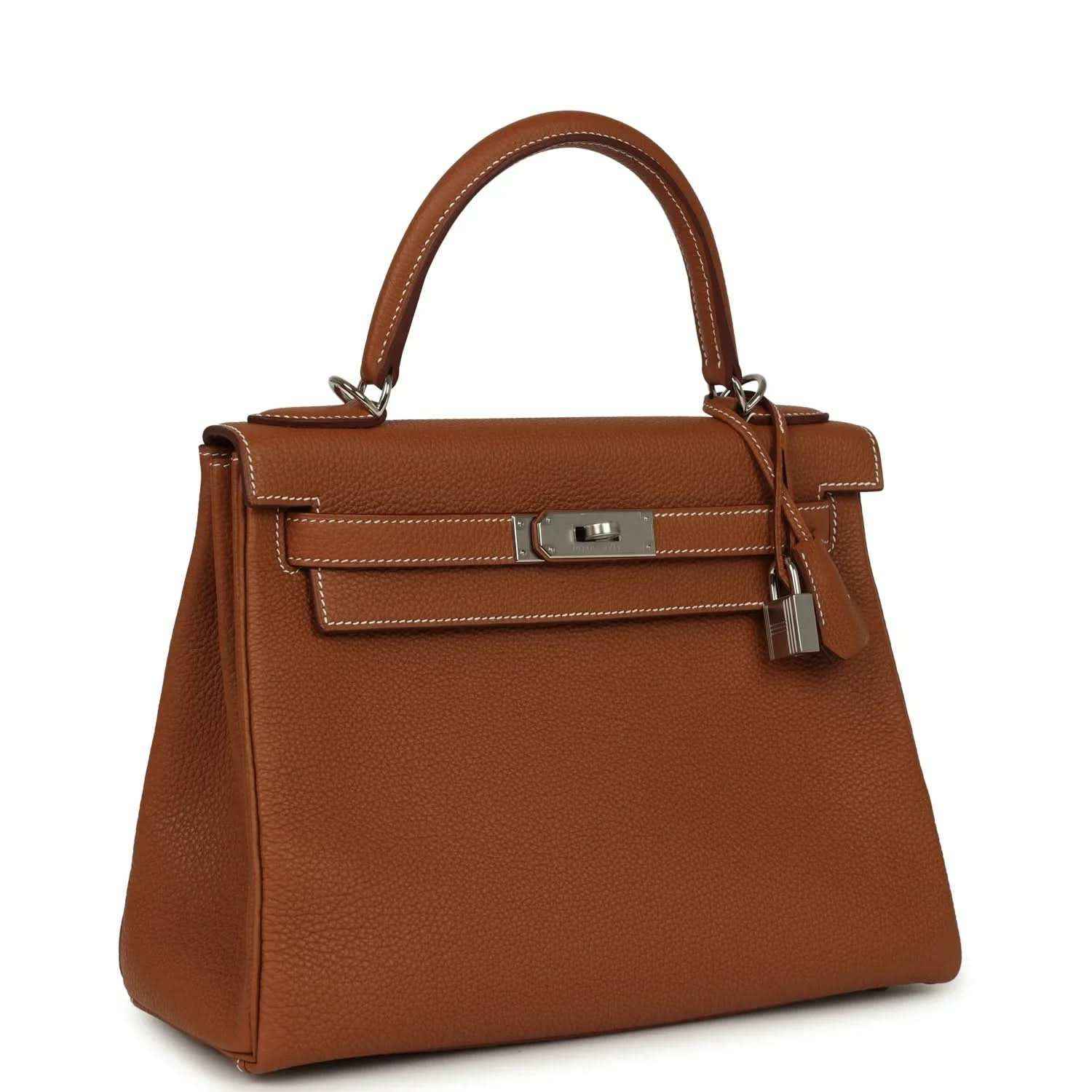 Hermes Kelly Retourne brown leather handbag with top handle, front flap, and lock
