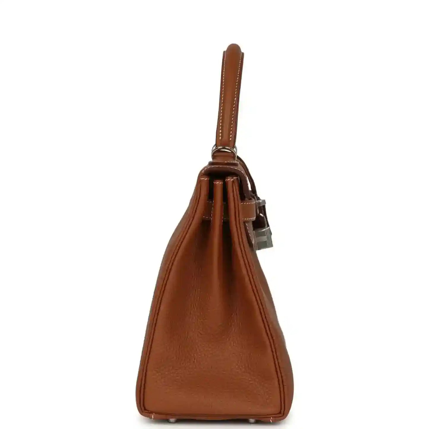 Hermes Kelly Retourne brown leather handbag back view with top handle and hanging strap