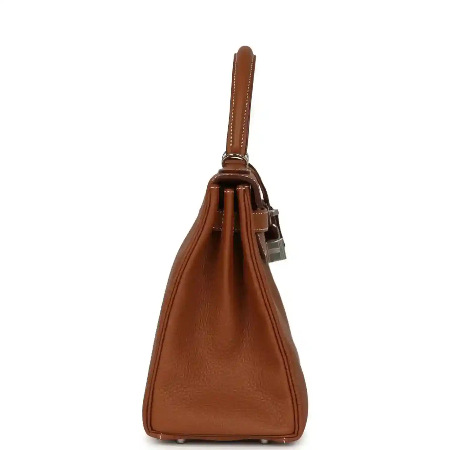 Hermes Kelly Retourne brown leather handbag back view with top handle and hanging strap
