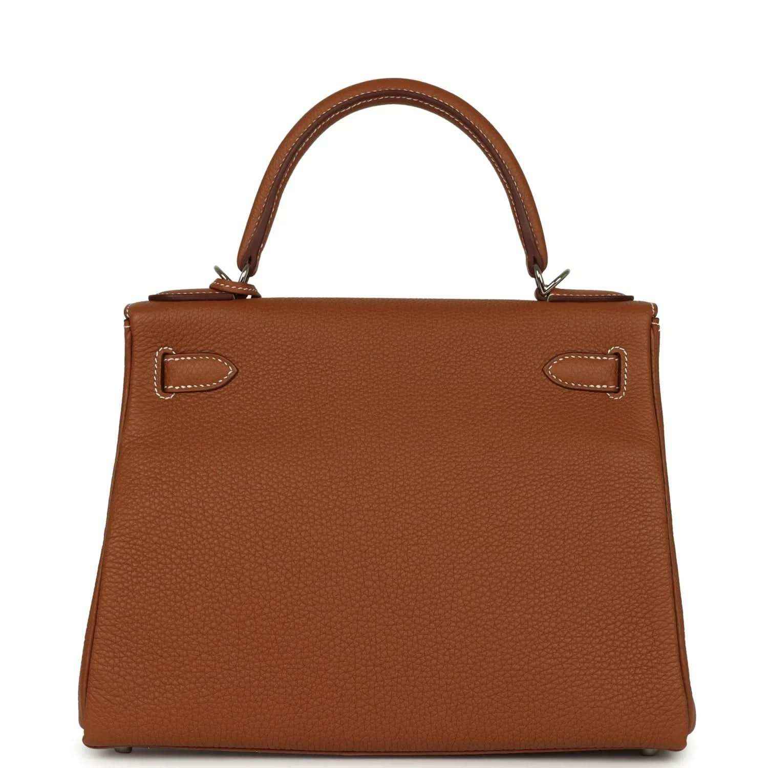 Hermes Kelly Retourne brown leather handbag back view with two side belt loops