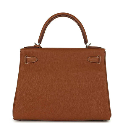 Hermes Kelly Retourne brown leather handbag back view with two side belt loops
