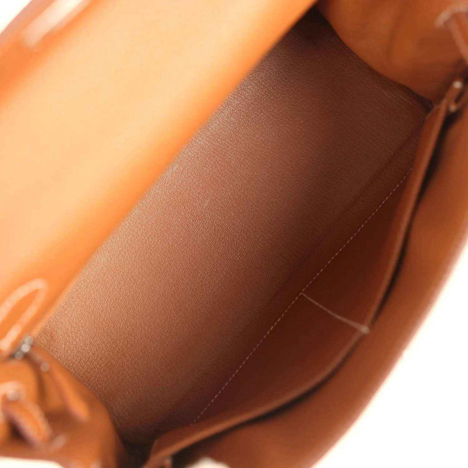 Hermes Kelly Retourne brown leather interior view with stitched seam