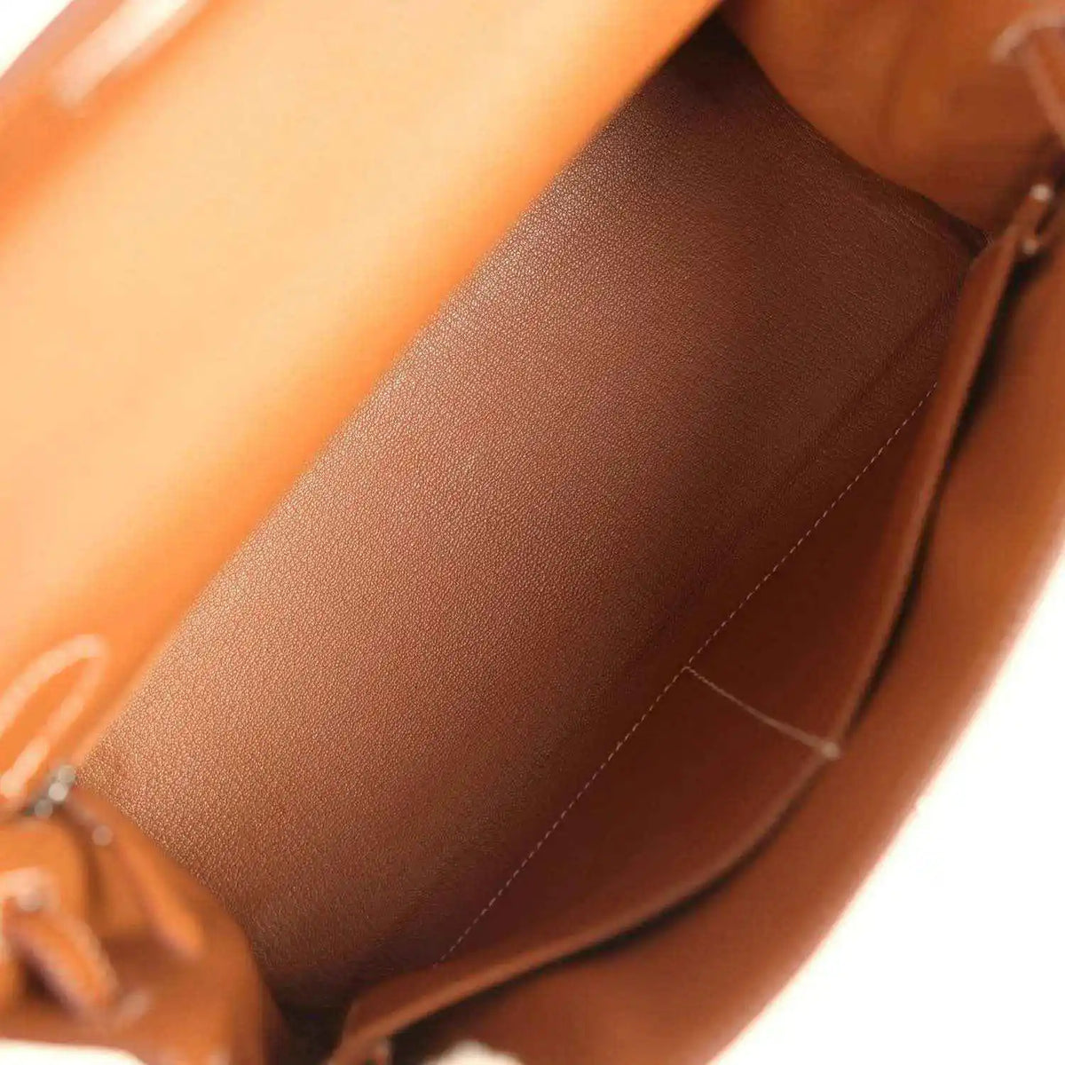 Hermes Kelly Retourne brown leather interior view with stitched seam