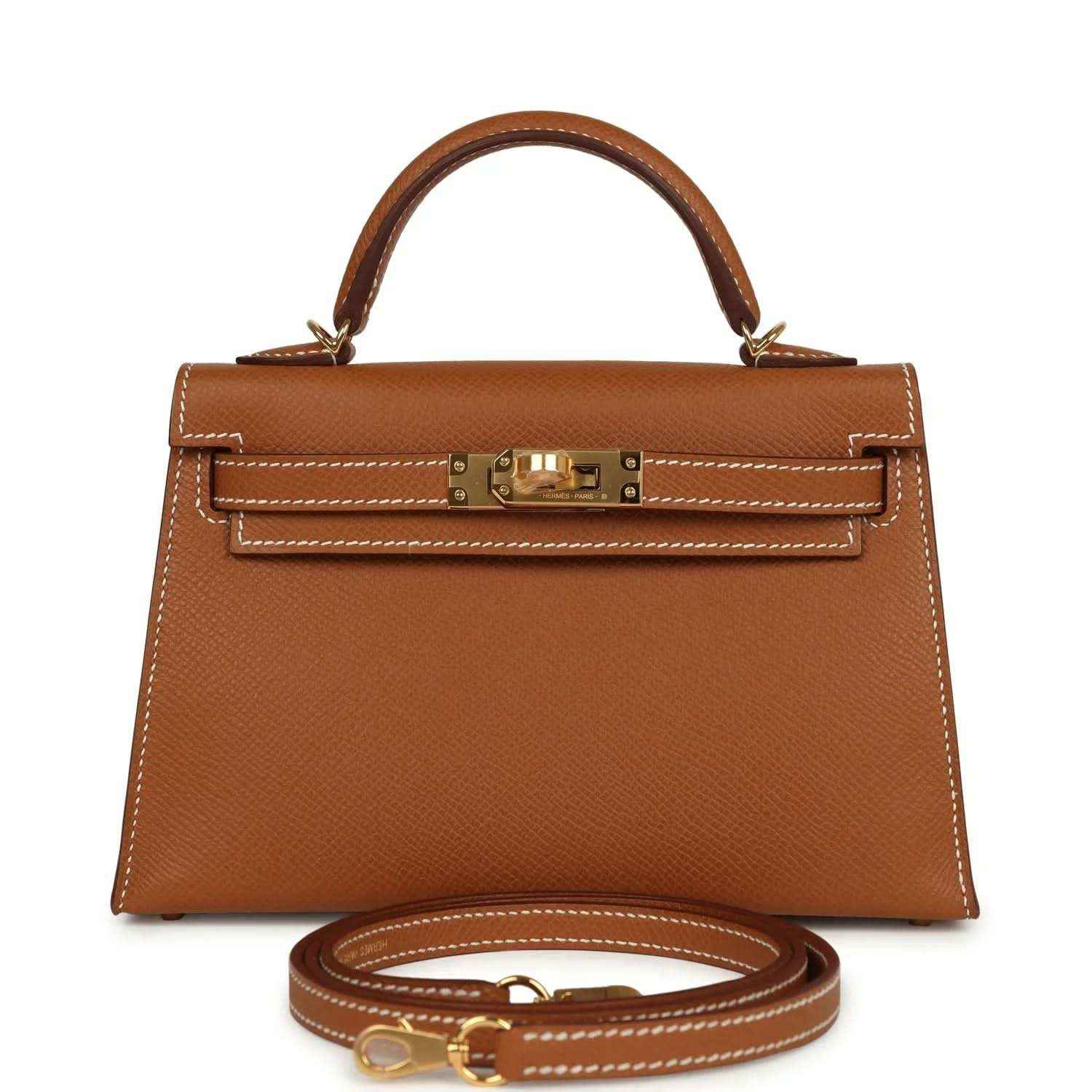 Mini leather handbag with top handle, tan Epsom texture and gold front clasp
