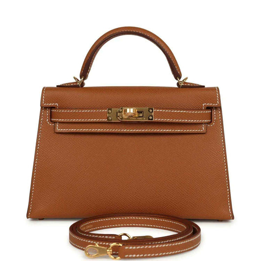 Mini leather handbag with top handle, tan Epsom texture and gold front clasp