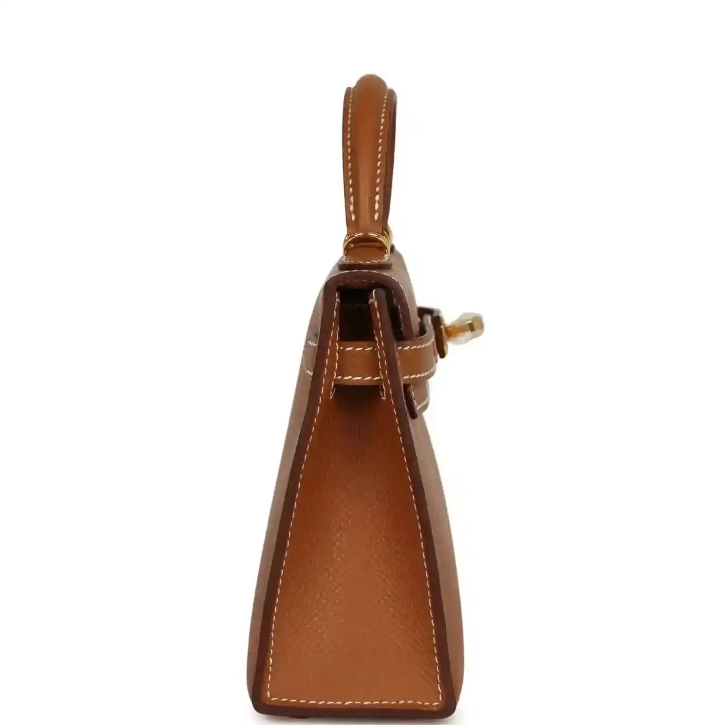 Tan leather mini handbag with top handle and side clasp hardware