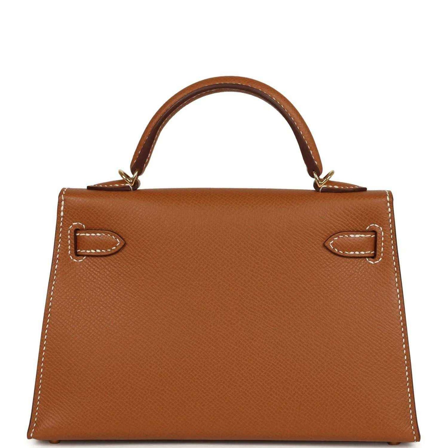 Tan textured leather mini handbag with top handles and gold front turn-lock