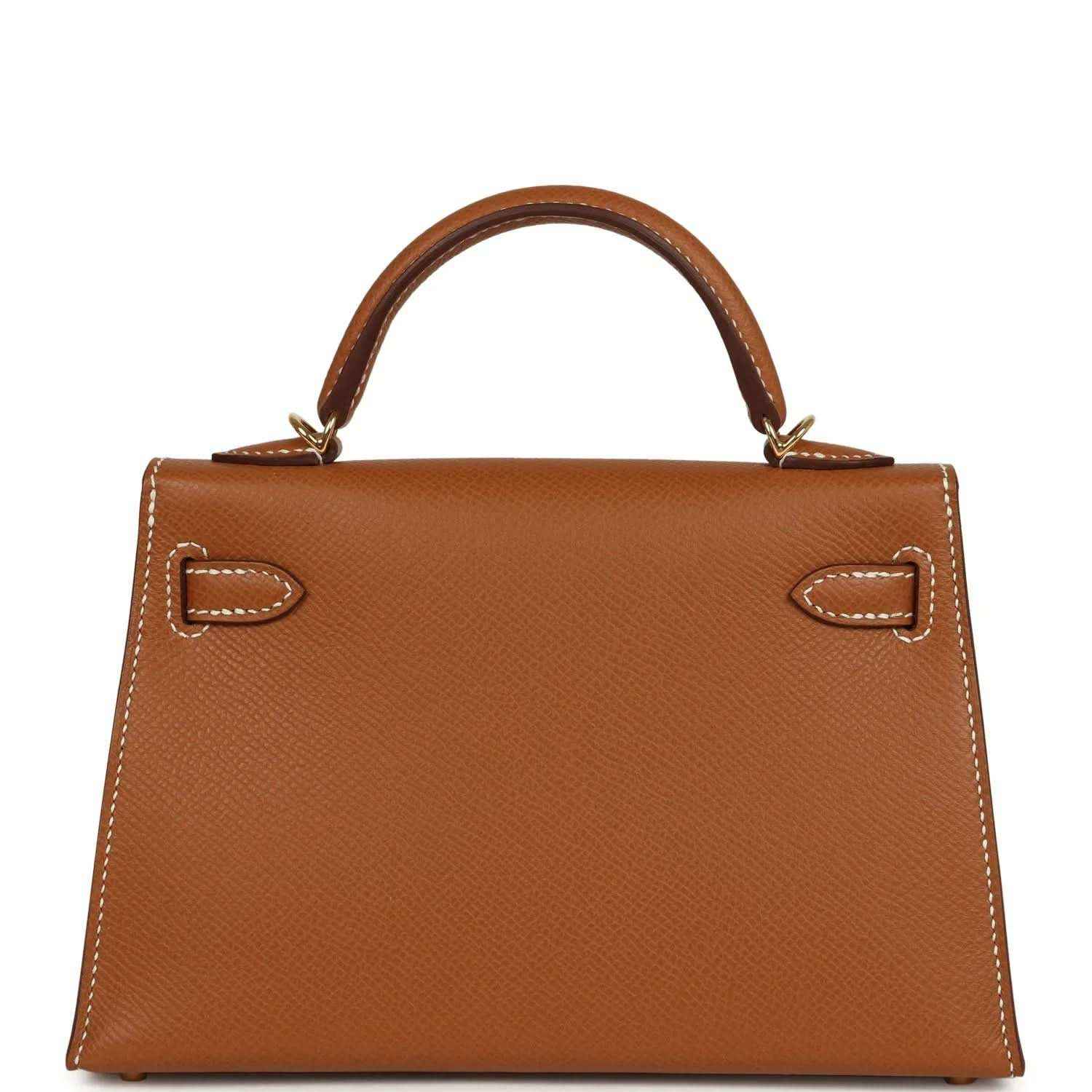 Tan textured leather mini handbag with top handles and gold front turn-lock