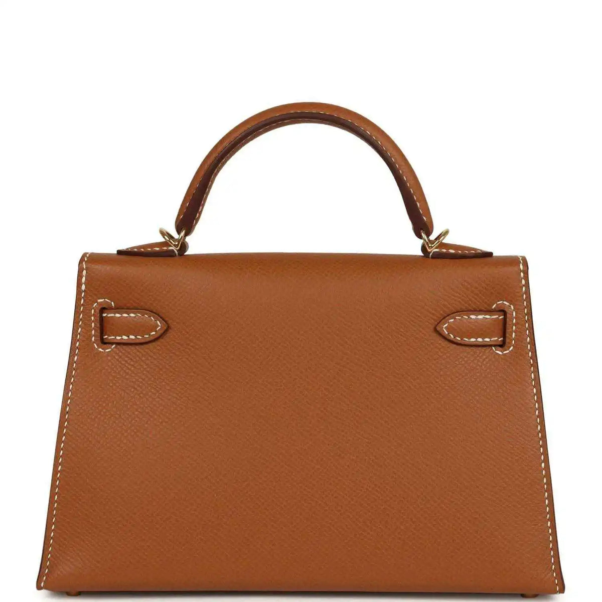 Tan textured leather mini handbag with top handles and gold front turn-lock