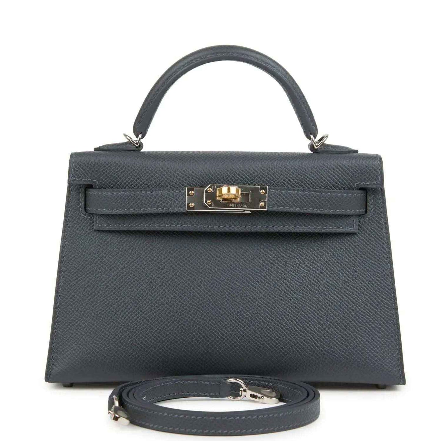 Hermes Kelly Sellier 20 bag in dark gray-blue Epsom leather with top handle and gold-tone clasp
