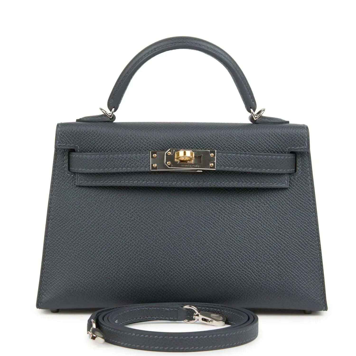 Hermes Kelly Sellier 20 bag in dark gray-blue Epsom leather with top handle and gold-tone clasp