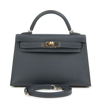 Hermes Kelly Sellier 20 bag in dark gray-blue Epsom leather with top handle and gold-tone clasp