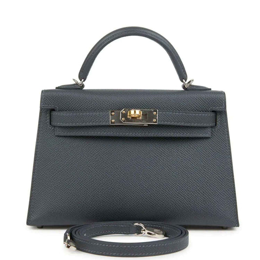 Hermes Kelly Sellier 20 bag in dark gray-blue Epsom leather with top handle and gold-tone clasp