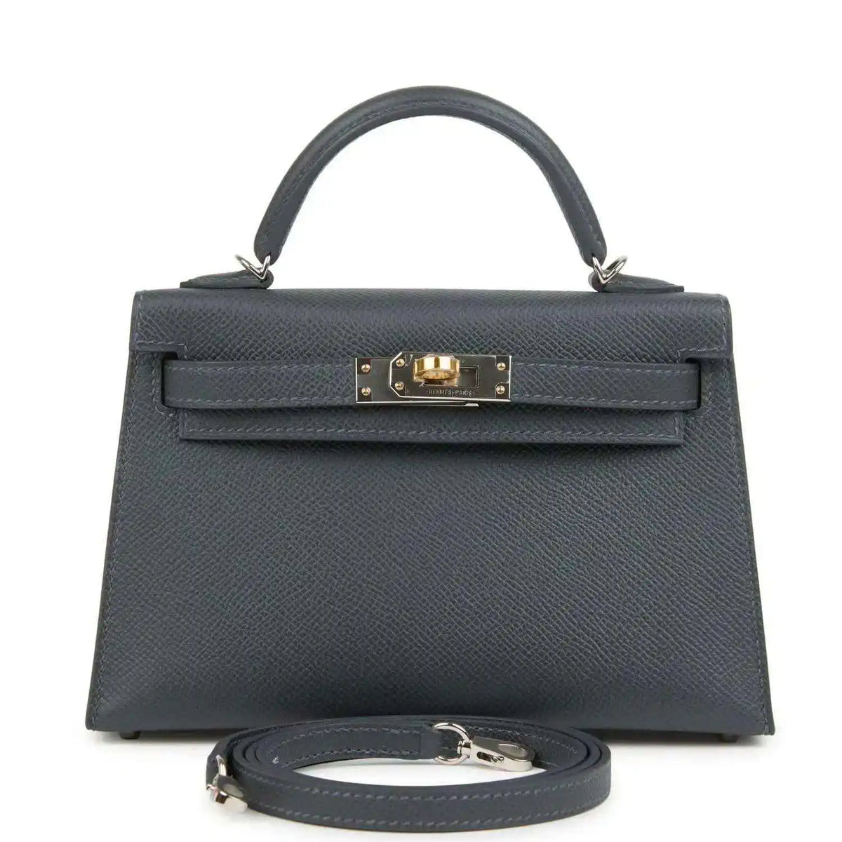 Hermes Kelly Sellier 20 bag in dark gray-blue Epsom leather with top handle and gold-tone clasp