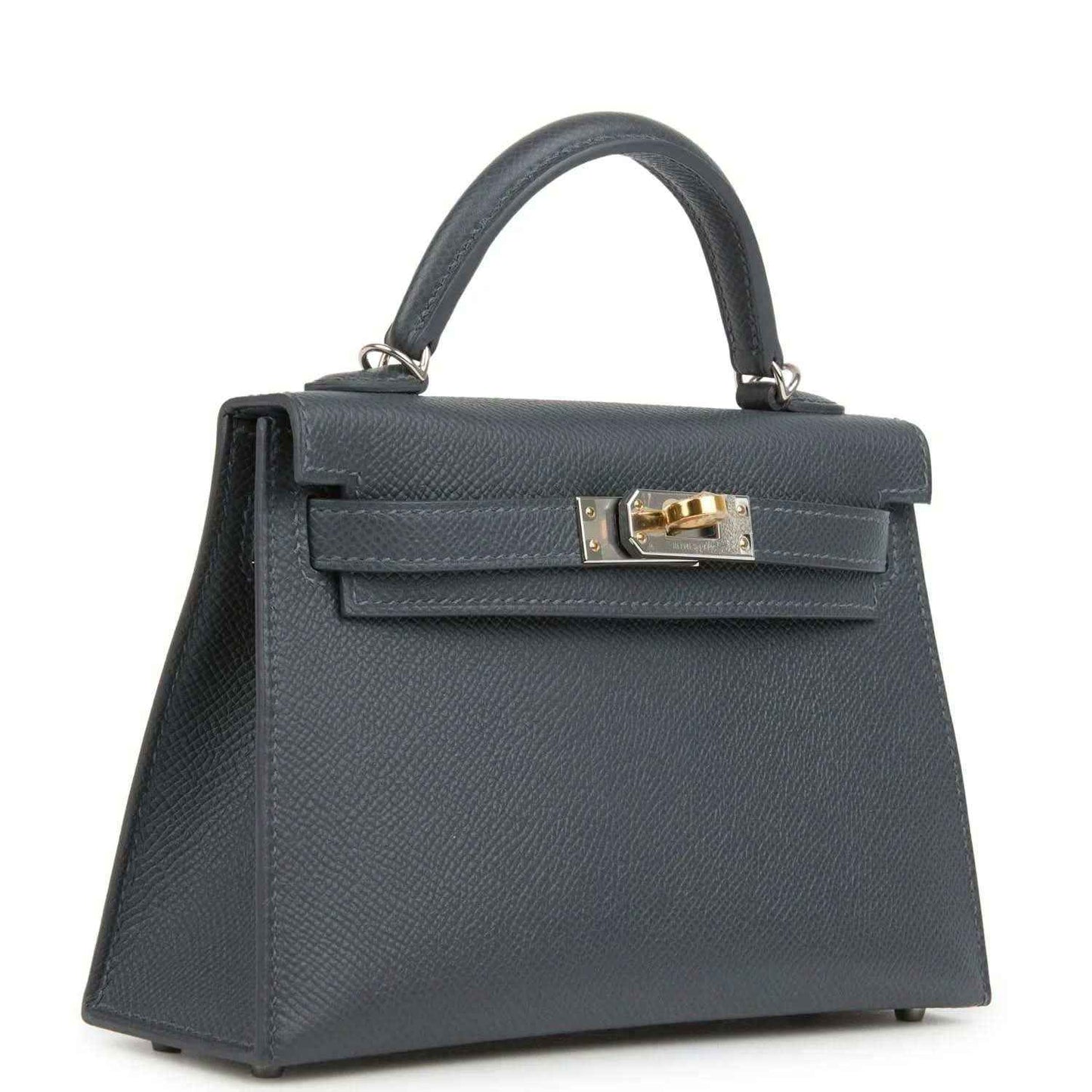 Hermes Kelly Sellier 20 handbag, dark gray-blue grained leather, top handle, gold-tone lock