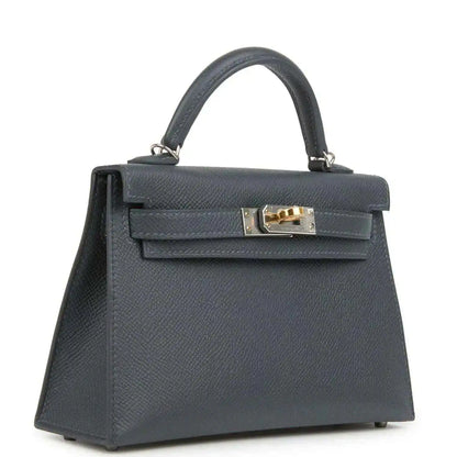 Hermes Kelly Sellier 20 handbag, dark gray-blue grained leather, top handle, gold-tone lock