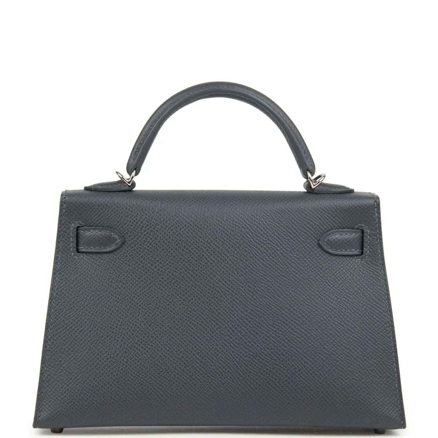 Hermes Kelly Sellier 20 bag front view, dark gray-blue grained leather, gold-tone hardware