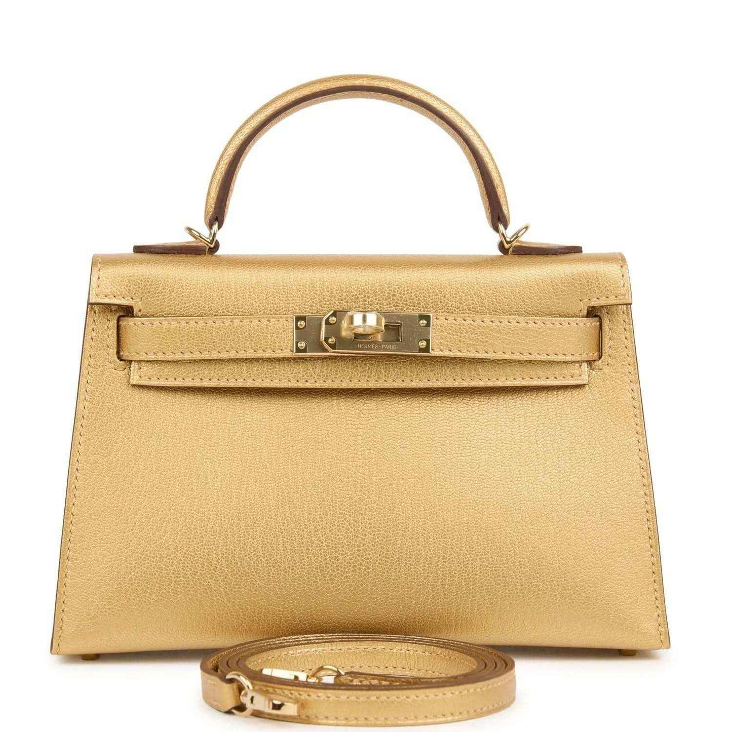 Kelly Sellier 20 handbag in gold leather, front flap with gold-tone lock