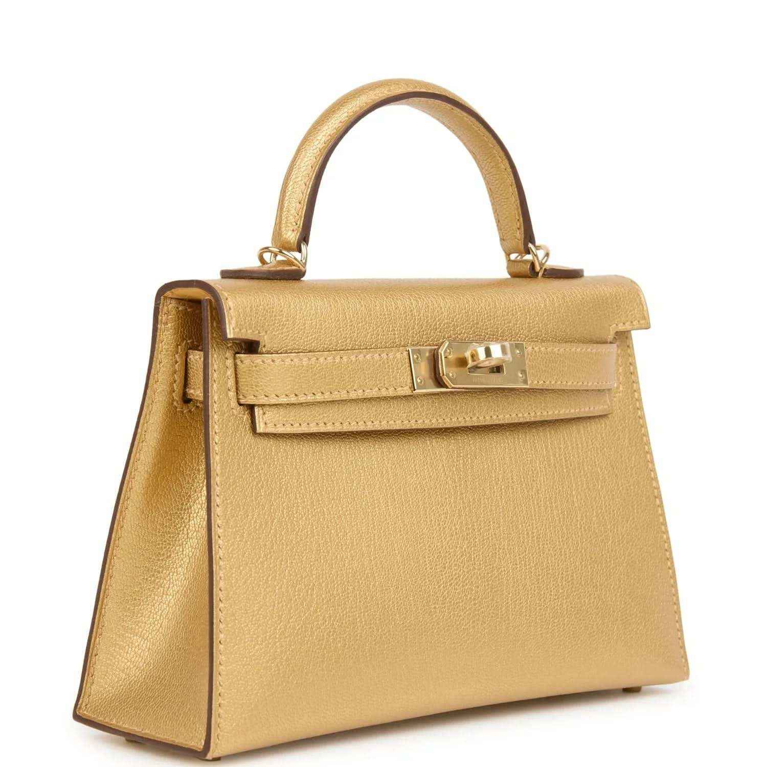 Kelly Sellier 20 handbag in gold leather, top handle and front flap with lock