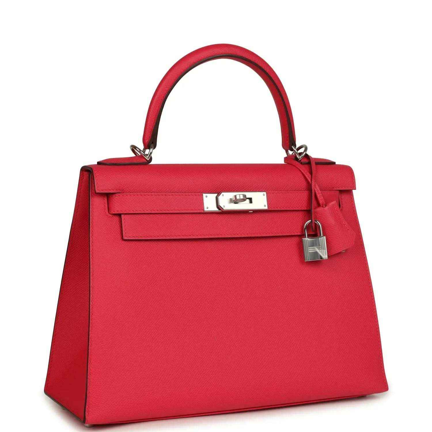 Red leather handbag with top handle, front flap, and lock charm with strap.