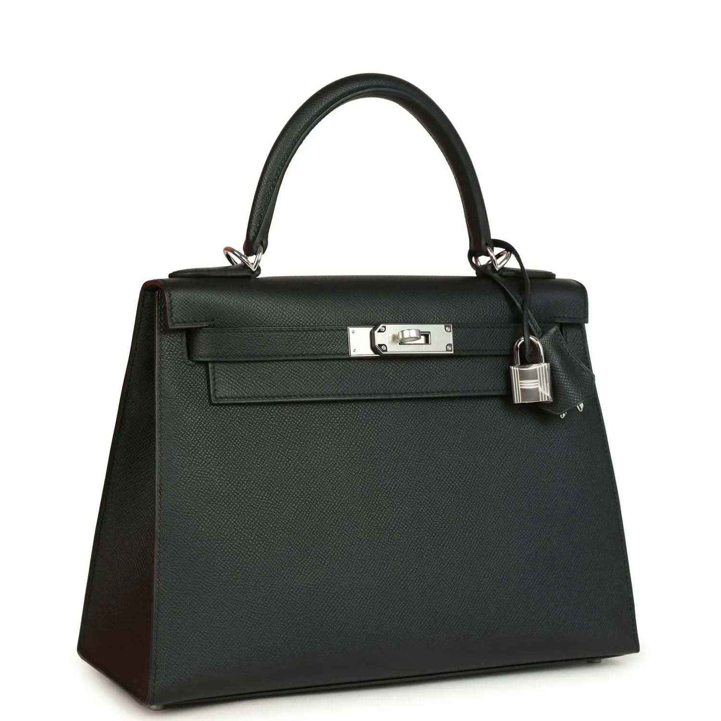 Structured leather handbag with top handles, front flap, metal clasp, and hanging lock