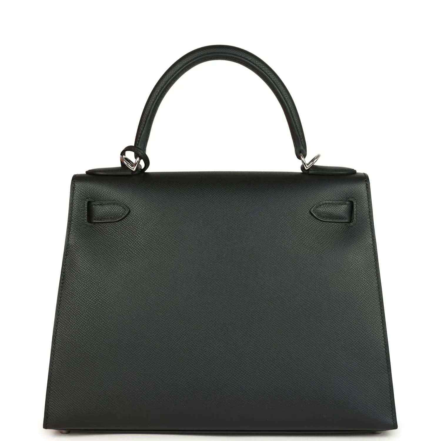 Structured leather handbag with top handles and front flap with hardware accents