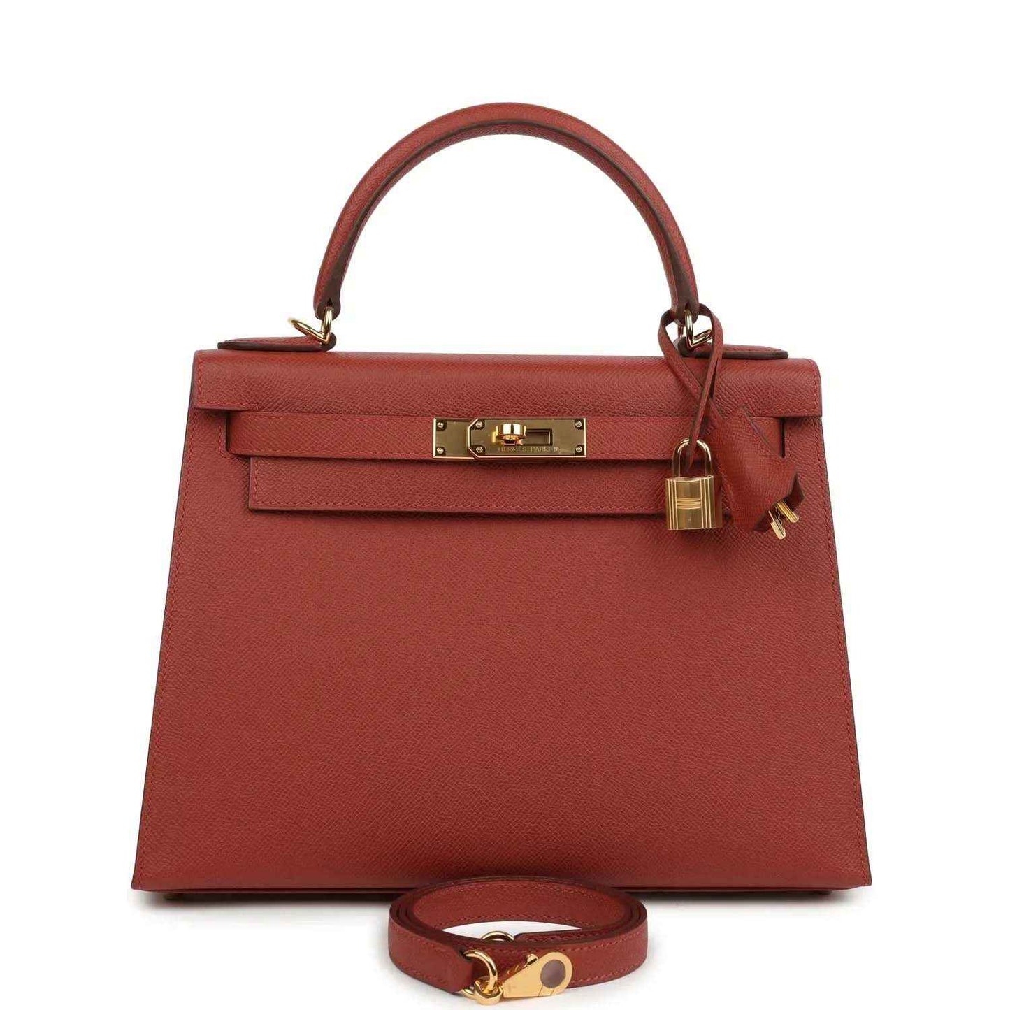 Red Epsom leather Kelly handbag with gold hardware, top handle, and detachable strap
