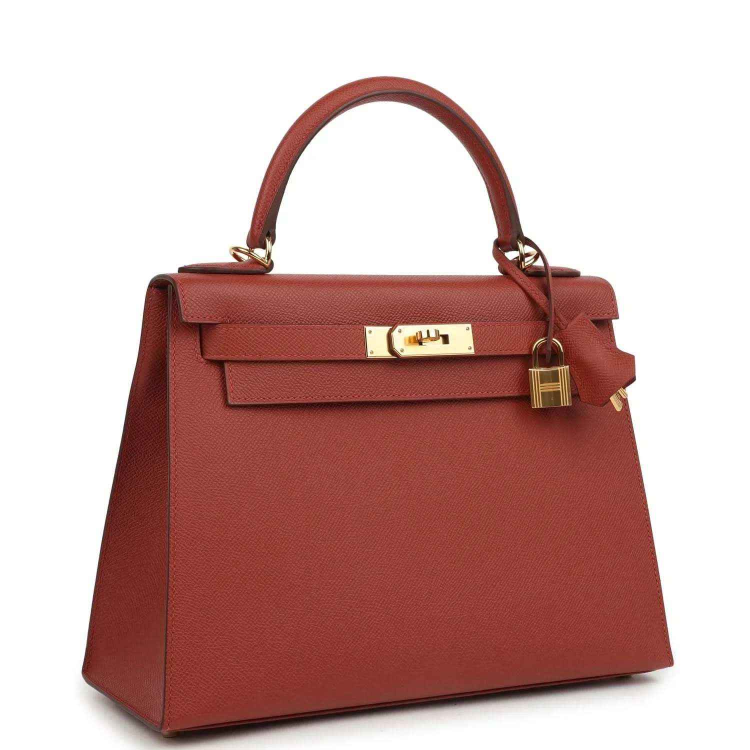 Red Kelly handbag with gold clasp and short top handles, structured front flap